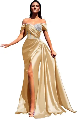 Sequin Beaded Mermaid Prom Dresses 2023 Off Shoulder Sweetheart Satin Gowns