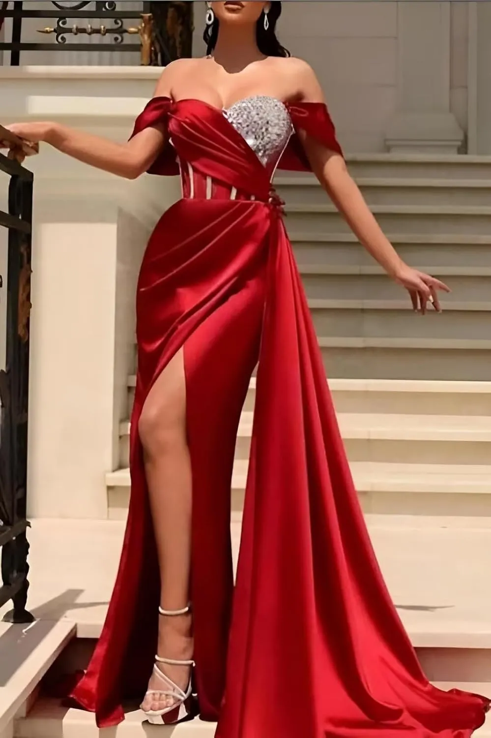 Sequin Beaded Mermaid Prom Dresses 2023 Off Shoulder Sweetheart Satin Gowns