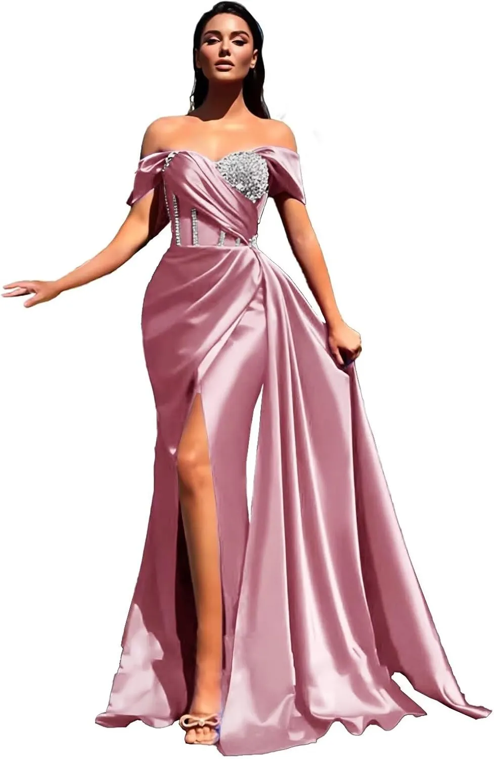 Sequin Beaded Mermaid Prom Dresses 2023 Off Shoulder Sweetheart Satin Gowns
