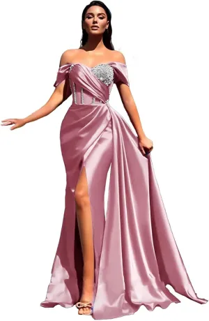 Sequin Beaded Mermaid Prom Dresses 2023 Off Shoulder Sweetheart Satin Gowns
