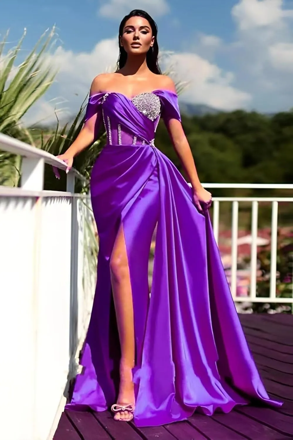 Sequin Beaded Mermaid Prom Dresses 2023 Off Shoulder Sweetheart Satin Gowns