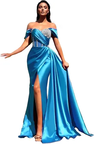 Sequin Beaded Mermaid Prom Dresses 2023 Off Shoulder Sweetheart Satin Gowns