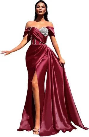 Sequin Beaded Mermaid Prom Dresses 2023 Off Shoulder Sweetheart Satin Gowns