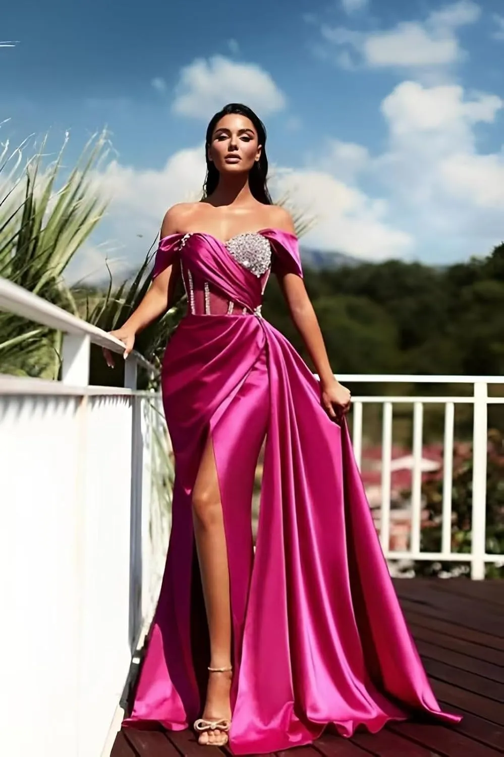 Sequin Beaded Mermaid Prom Dresses 2023 Off Shoulder Sweetheart Satin Gowns