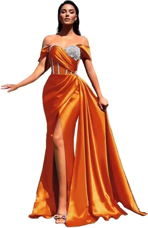 Sequin Beaded Mermaid Prom Dresses 2023 Off Shoulder Sweetheart Satin Gowns