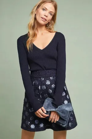 Sequin Navy Dot Mini Skirt Soft Layer Sequin Navy Dot Mini Skirt Side Slit Ruching Details