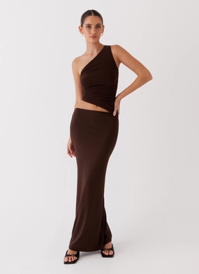 Seranella One Shoulder Maxi Dress - Chocolate Figure Hugging Straight-Cut Seranella One Shoulder Maxi Dress - Chocolate