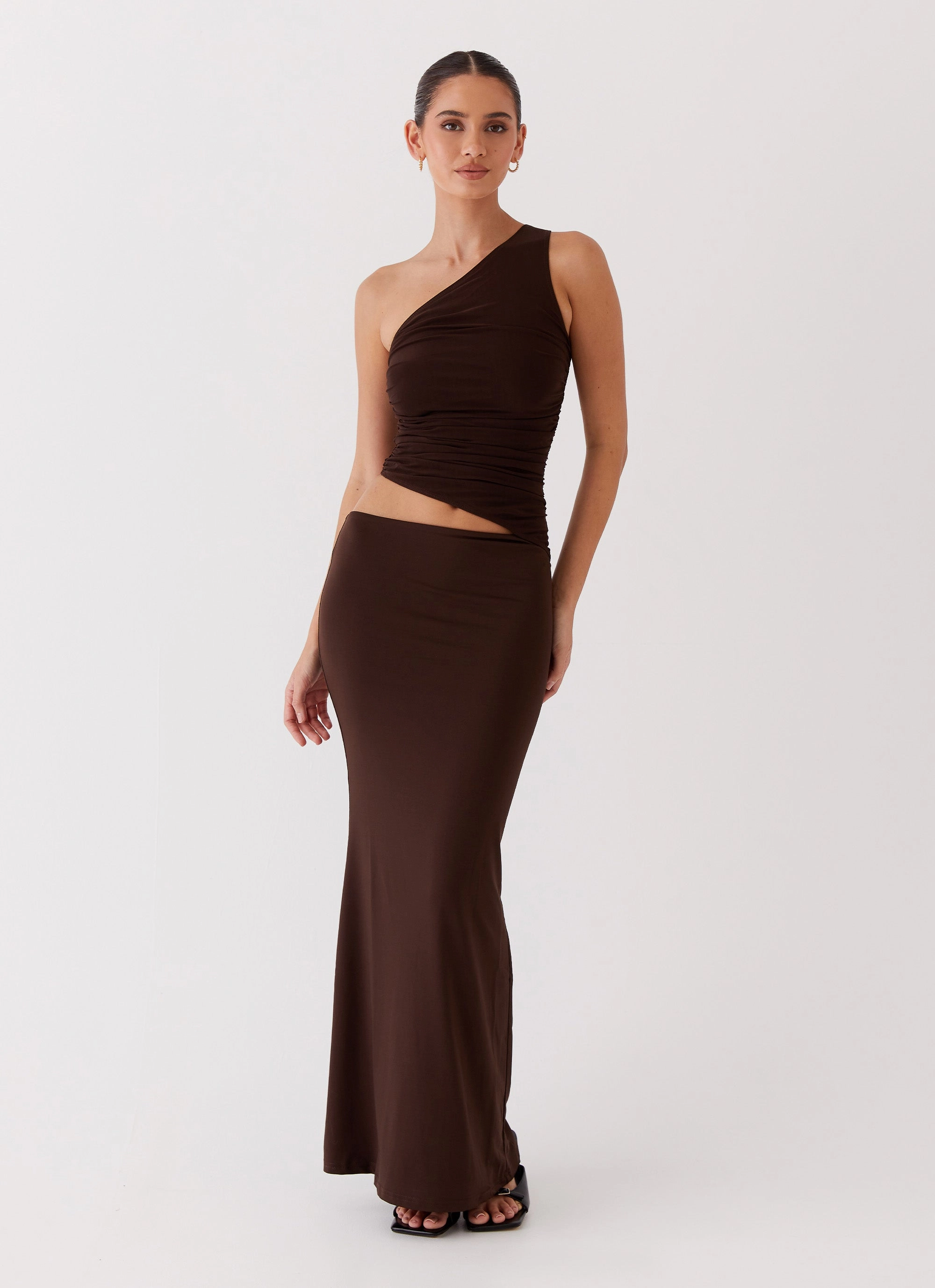 Seranella One Shoulder Maxi Dress - Chocolate Smooth Drape Clean Outfit