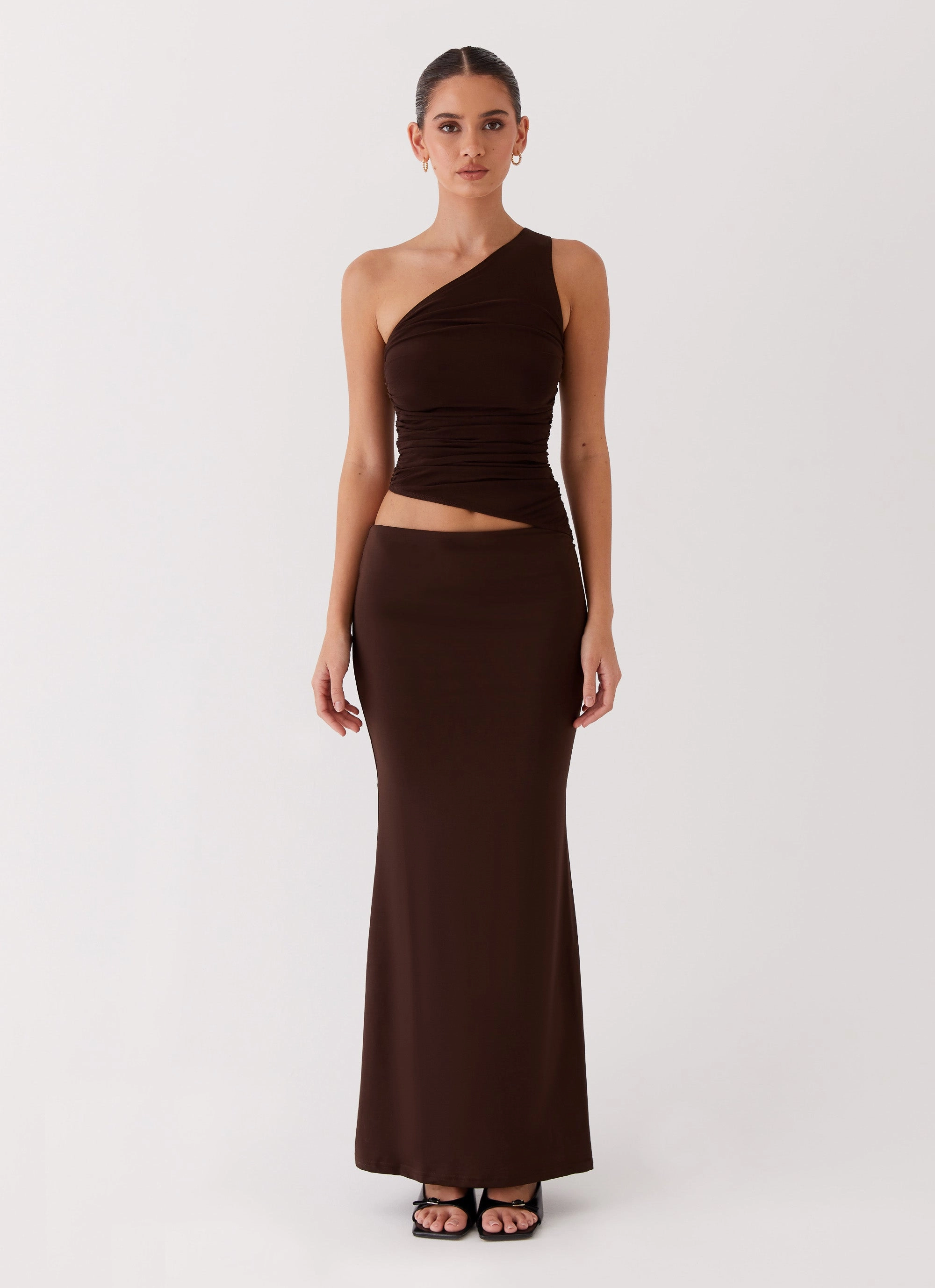 Seranella One Shoulder Maxi Dress - Chocolate Pleated-Texture Timeless Style