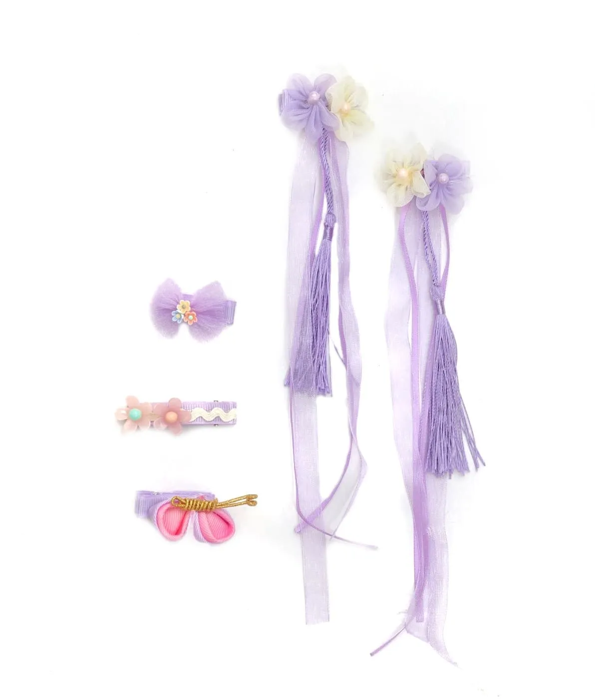 Set of 5 Purple & Pink Flower Embellished Bow Hair Clips for Girls