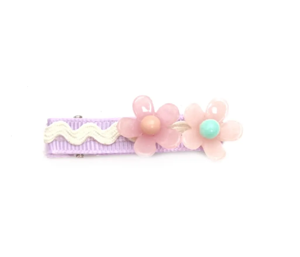 Set of 5 Purple & Pink Flower Embellished Bow Hair Clips for Girls