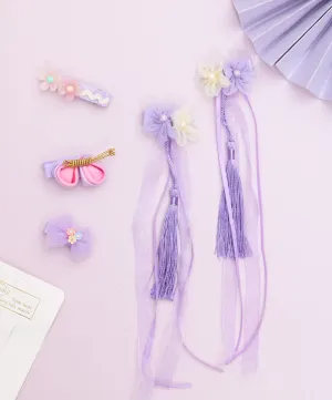 Set of 5 Purple & Pink Flower Embellished Bow Hair Clips for Girls