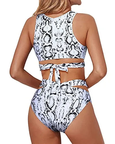 Sexy Adjustable Tie Waist Bottom Two Piece High Neck Bikini Set-Snake Print