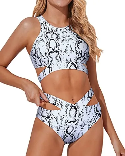 Sexy Adjustable Tie Waist Bottom Two Piece High Neck Bikini Set-Snake Print