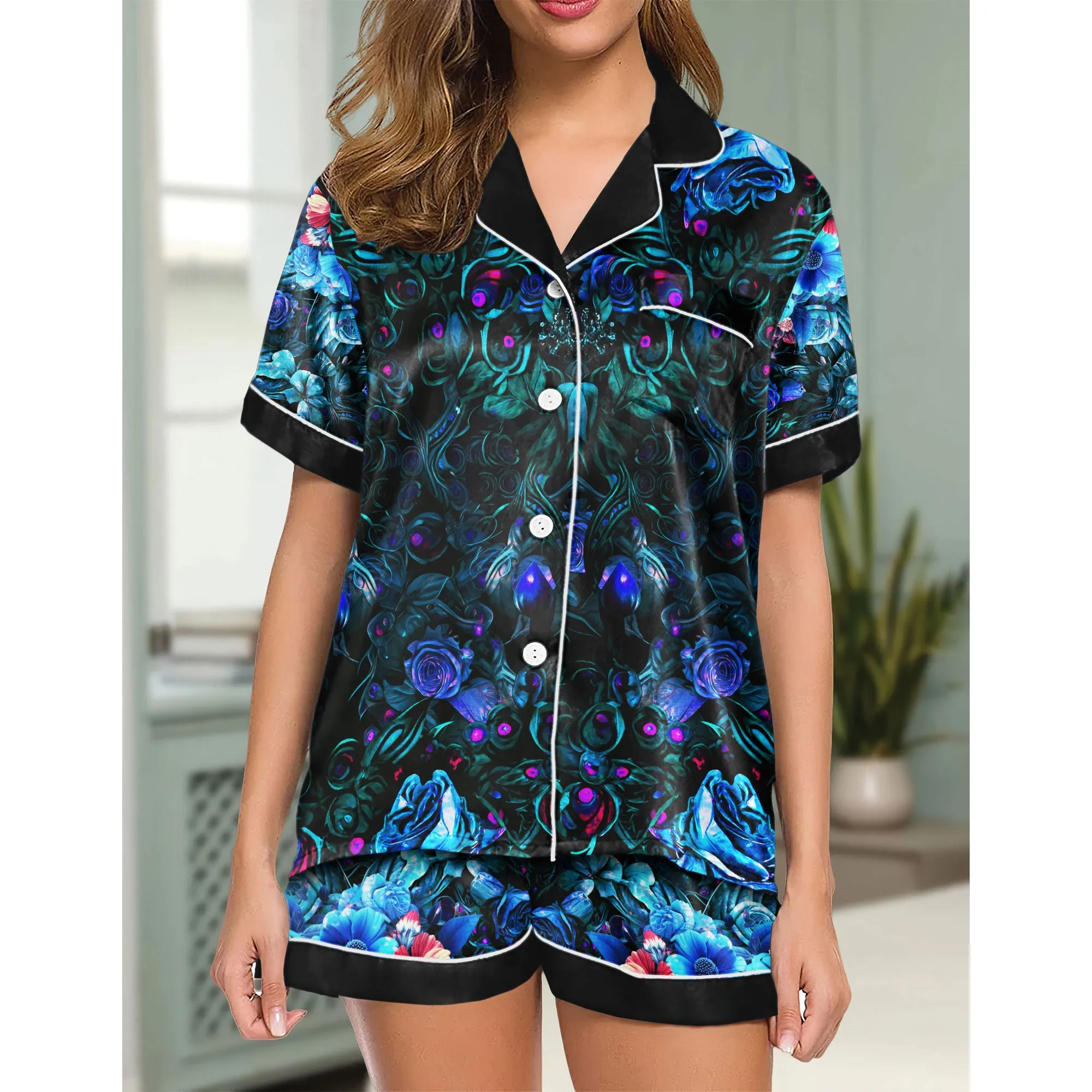 Sexy Blue Skull Floral Art Women's Pajama Sets Top Sleeve & Short Bottom