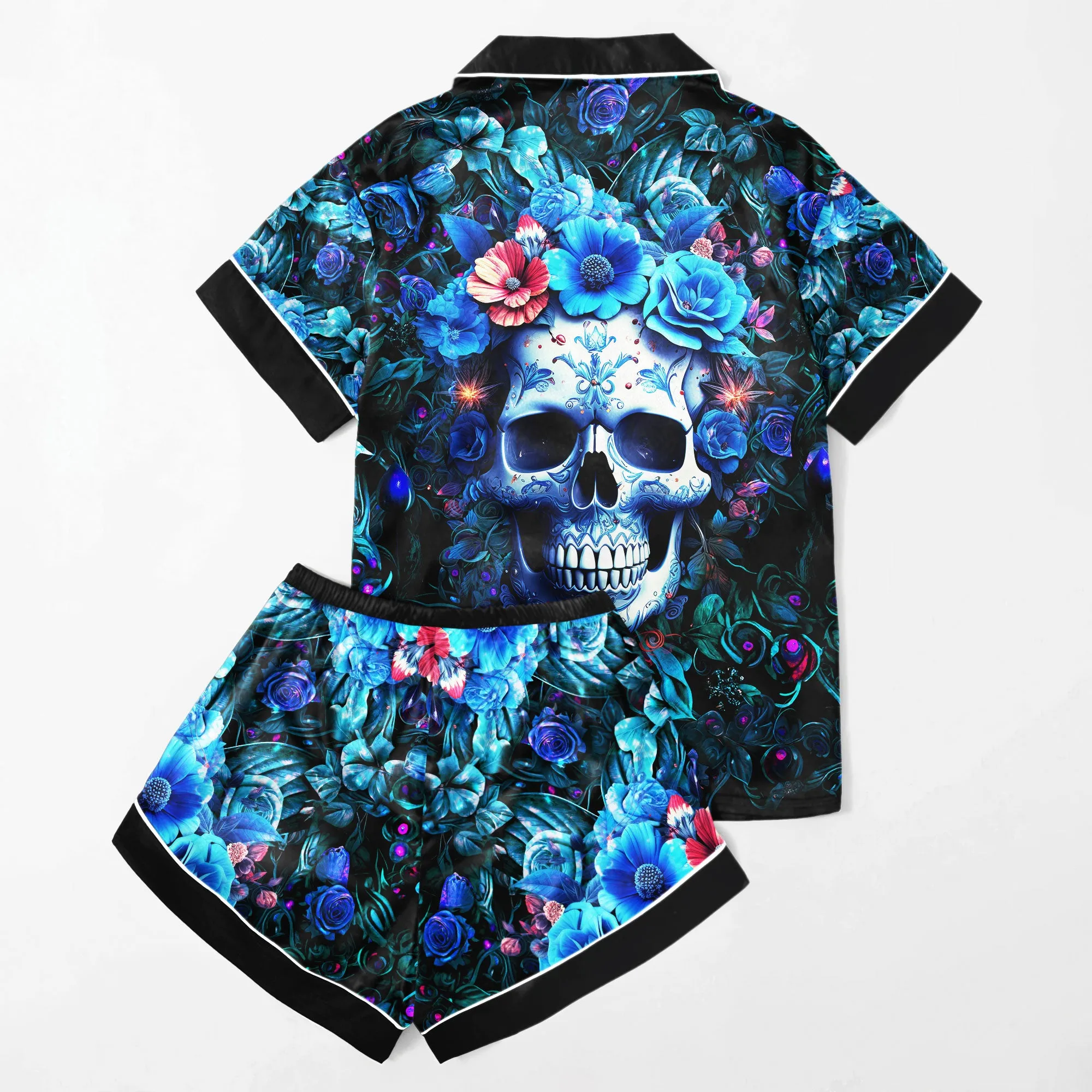 Sexy Blue Skull Floral Art Women's Pajama Sets Top Sleeve & Short Bottom
