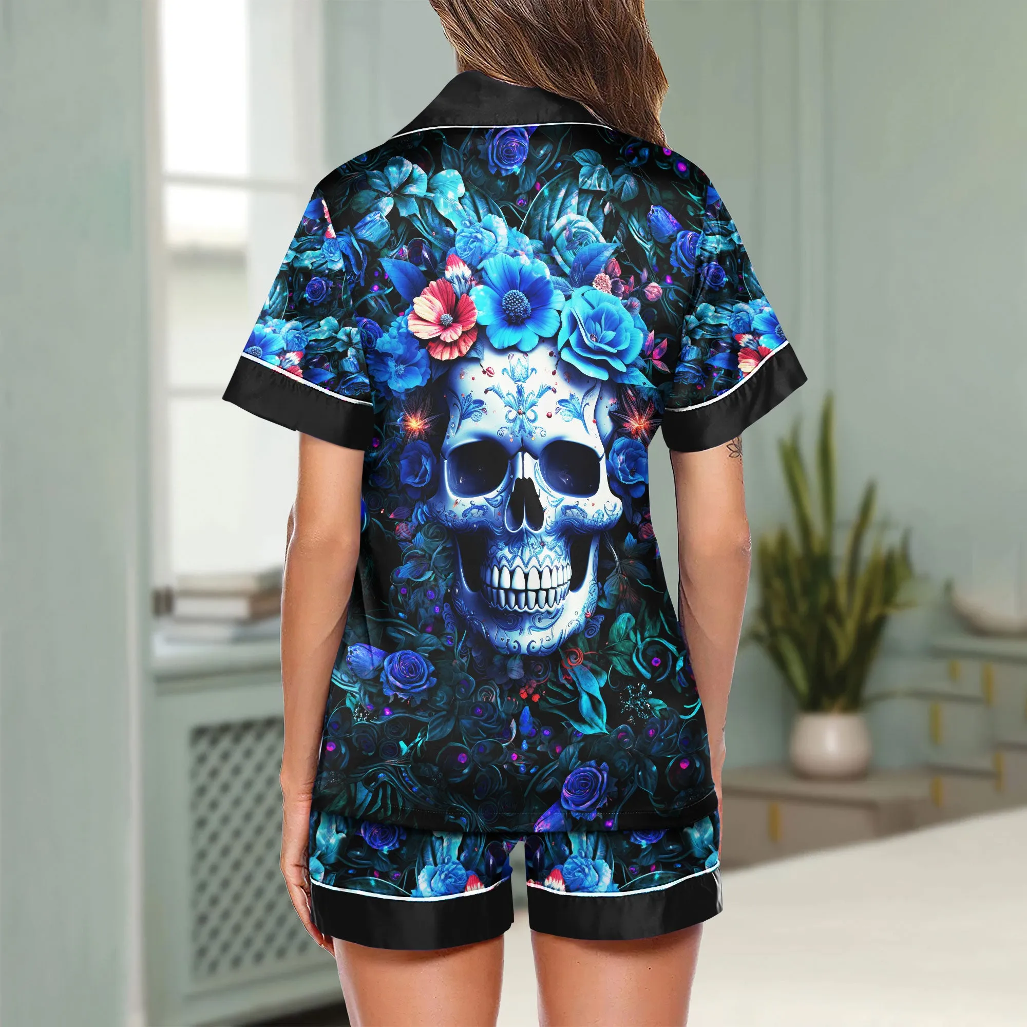Sexy Blue Skull Floral Art Women's Pajama Sets Top Sleeve & Short Bottom