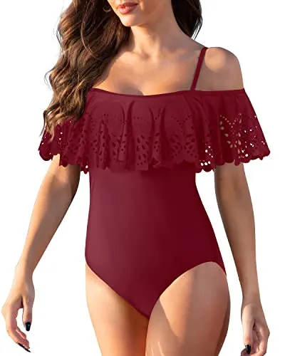 Sexy Flounce Criss Cross Lattice Slimming One Piece Swimsuits-Maroon
