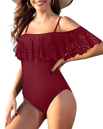Sexy Flounce Criss Cross Lattice Slimming One Piece Swimsuits-Maroon