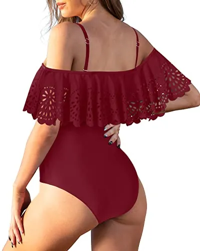 Sexy Flounce Criss Cross Lattice Slimming One Piece Swimsuits-Maroon