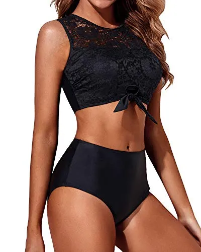 Sexy Lace High Waisted Women's 2 Piece Bikini Set Tummy Control Bottoms-Black