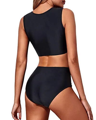 Sexy Lace High Waisted Women's 2 Piece Bikini Set Tummy Control Bottoms-Black