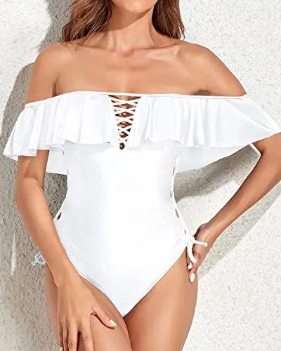 Sexy Off Shoulder Ruffled Flounce One Piece Swimsuit-White