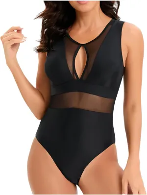 Sexy One Piece Bathing Suit for Women, High Cut Tummy Control Swimwear Cutout Mesh Sheer Backless Swim Suits