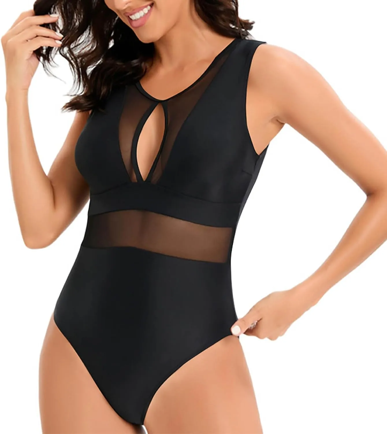 Sexy One Piece Bathing Suit for Women, High Cut Tummy Control Swimwear Cutout Mesh Sheer Backless Swim Suits