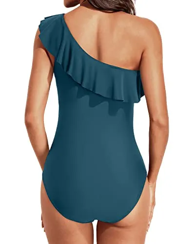Sexy One Piece Bathing Suits One Shoulder Swimwear-Teal