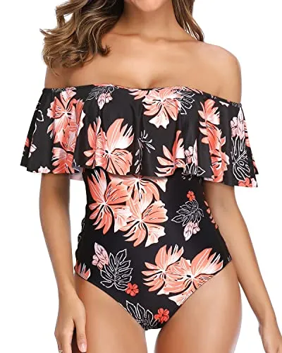 Sexy One Piece Swimsuits With Criss Cross Lattice For Women-Black Orange Floral