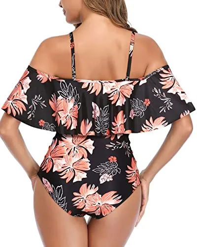 Sexy One Piece Swimsuits With Criss Cross Lattice For Women-Black Orange Floral