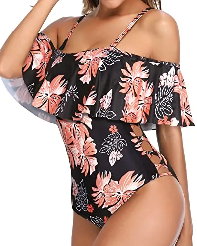 Sexy One Piece Swimsuits With Criss Cross Lattice For Women-Black Orange Floral