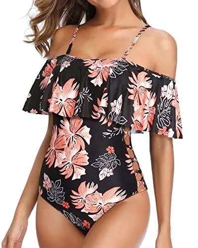 Sexy One Piece Swimsuits With Criss Cross Lattice For Women-Black Orange Floral