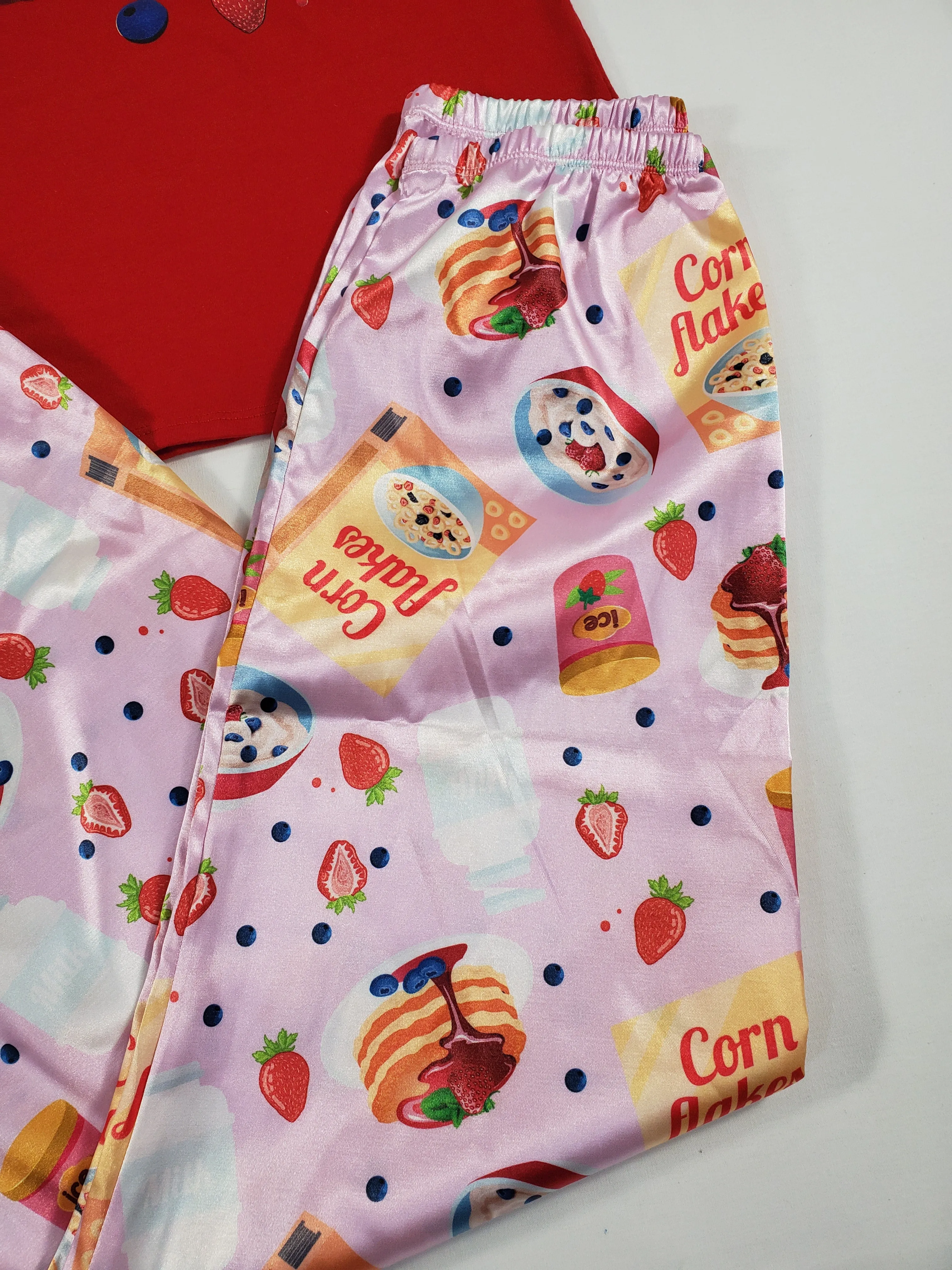 Sexy pink satin Women's pajama pants with breakfast pancake theme and red shirt