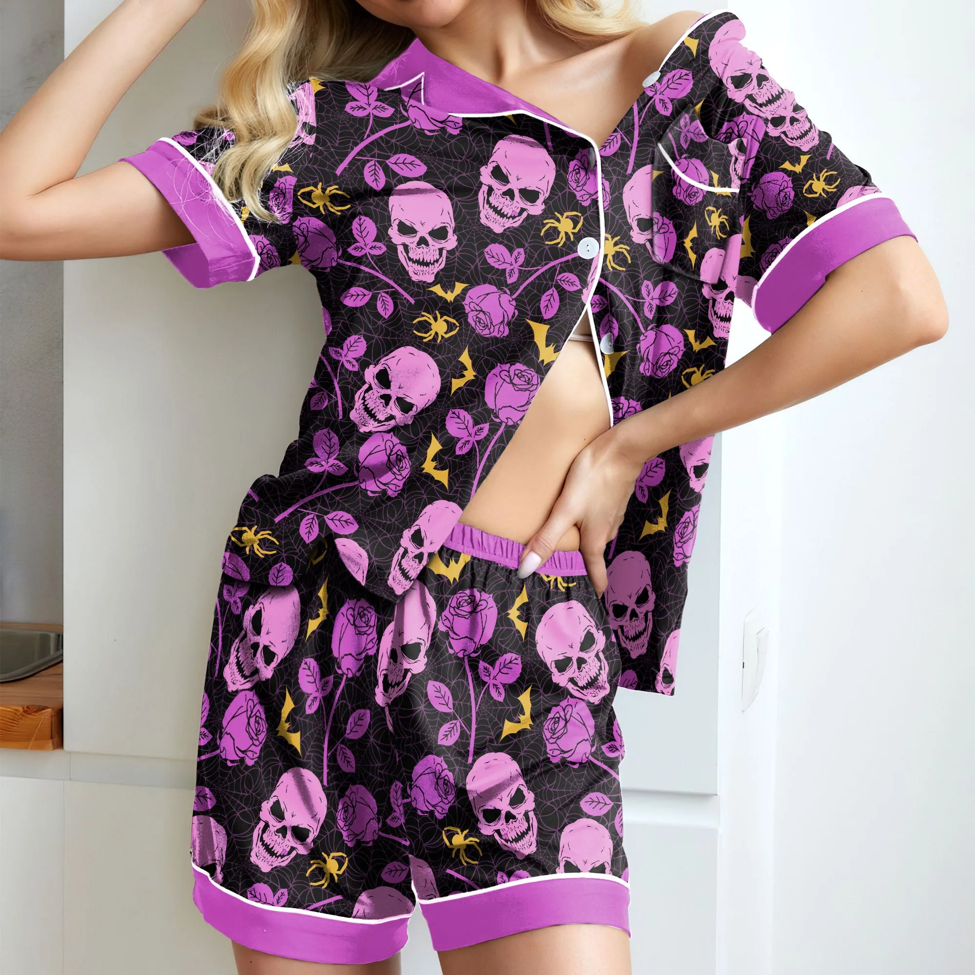 Sexy Purple Skull Floral Women's Pajama Sets Top Sleeve & Short Bottom