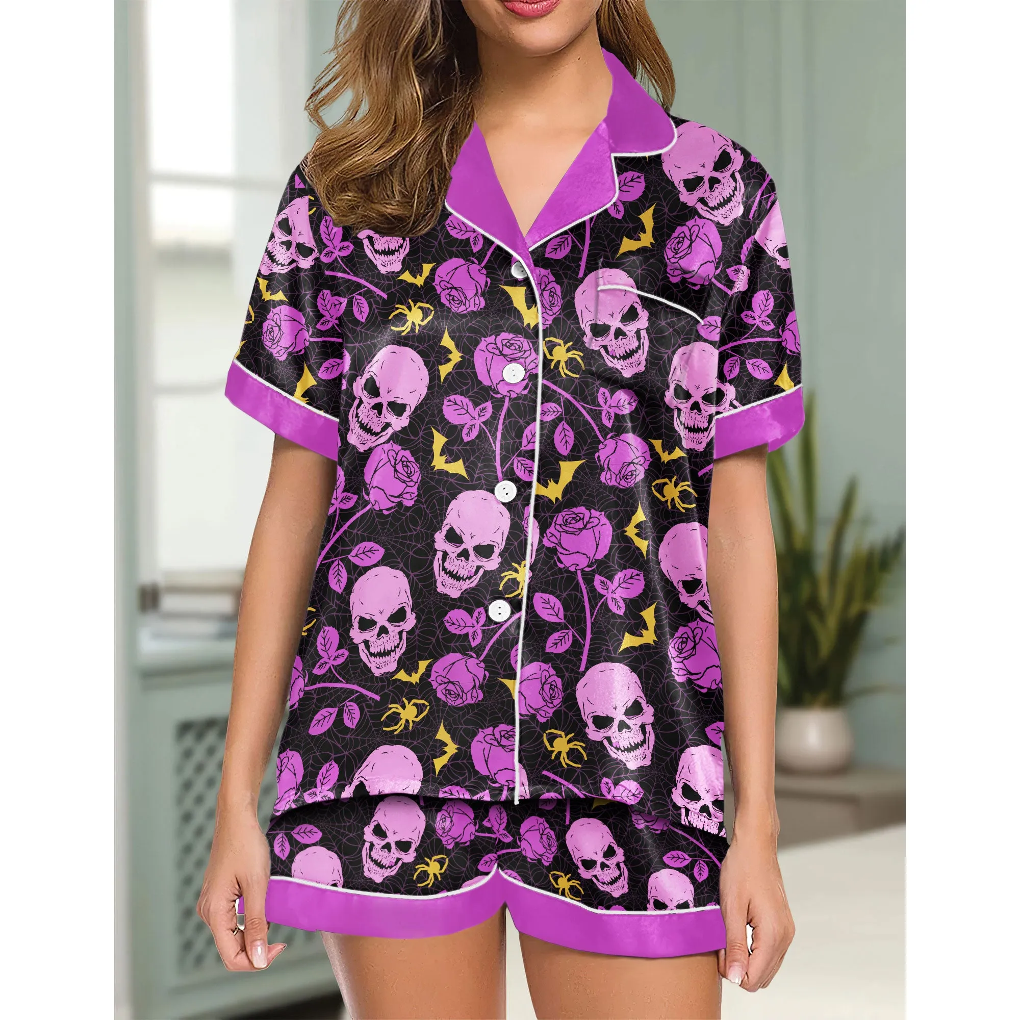 Sexy Purple Skull Floral Women's Pajama Sets Top Sleeve & Short Bottom