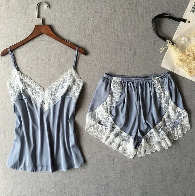 Sexy Satin V-Neck Pajama Lace Set
