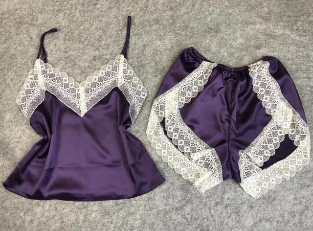 Sexy Satin V-Neck Pajama Lace Set