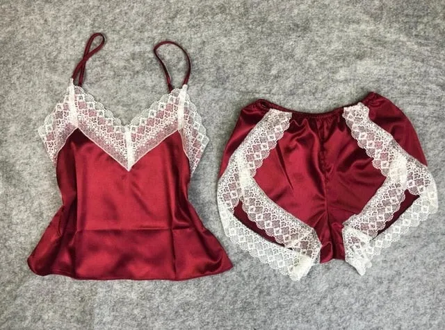 Sexy Satin V-Neck Pajama Lace Set