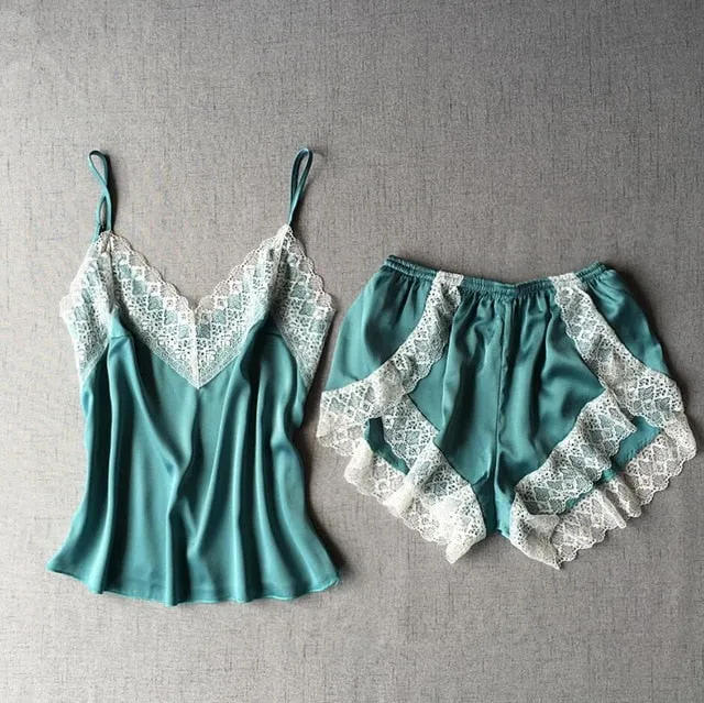 Sexy Satin V-Neck Pajama Lace Set