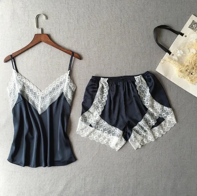 Sexy Satin V-Neck Pajama Lace Set