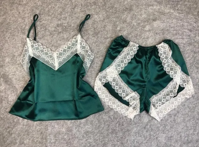 Sexy Satin V-Neck Pajama Lace Set