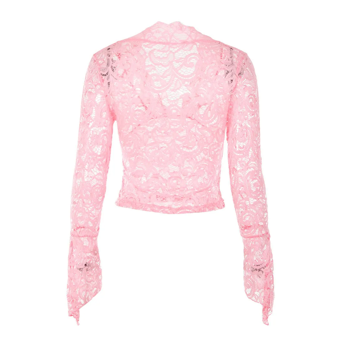 Sexy Sheer Scalloped V Neck Flared Sleeve Lace Crop Top - Pink