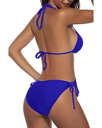 Sexy Triangle Bikini Set Halter Top And Tie Side Bottom 2 Piece Bikini Sets-Royal Blue