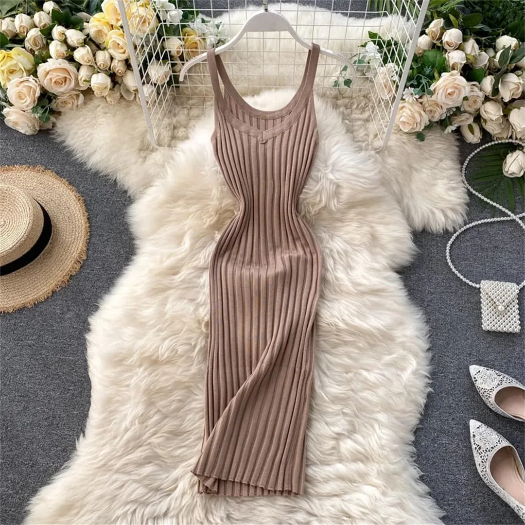 Sexy V Neck Sleeveless Tight Knitted Slip Dress Retro Party Tank Top Women's Slim Fit Wrap Pencil Tank Top