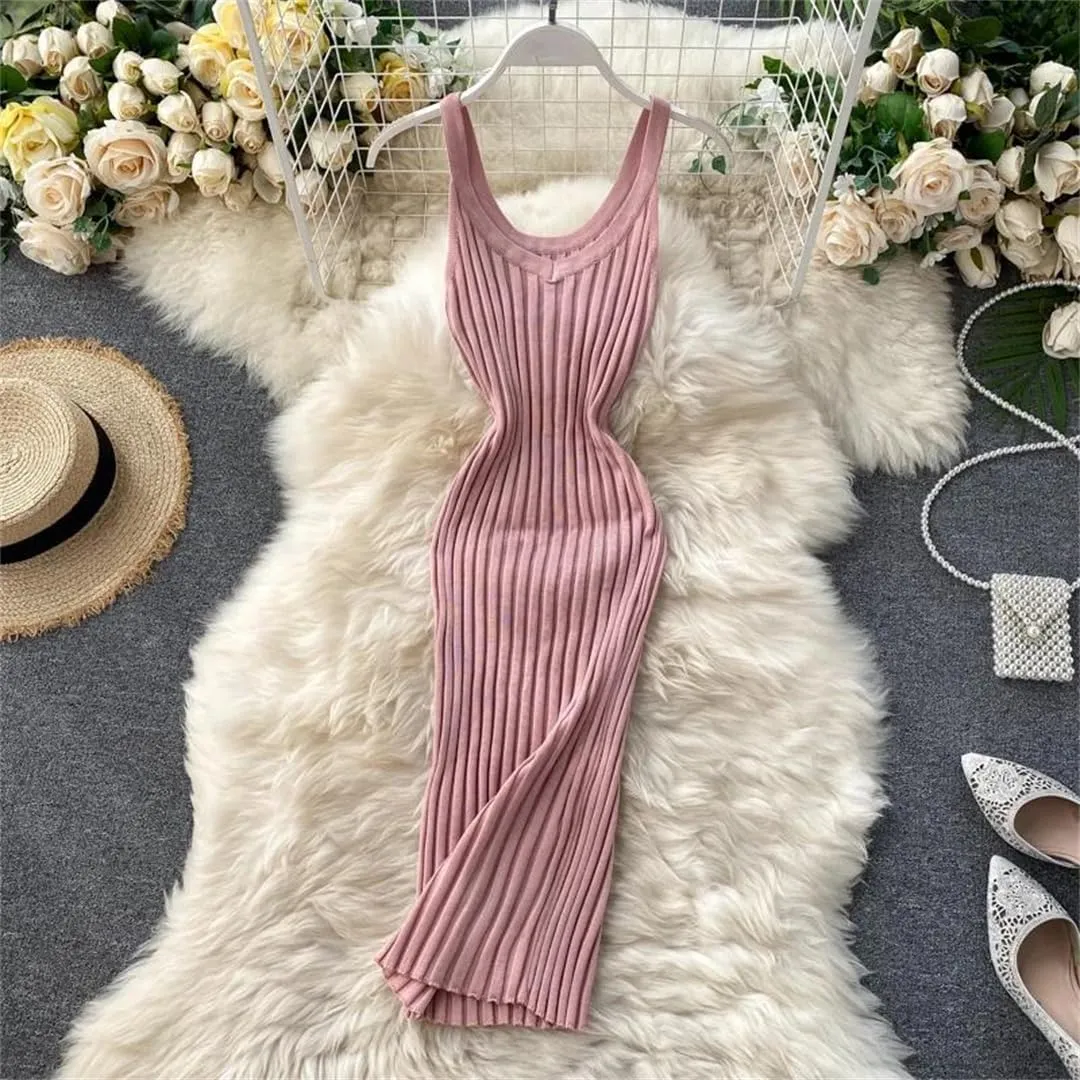 Sexy V Neck Sleeveless Tight Knitted Slip Dress Retro Party Tank Top Women's Slim Fit Wrap Pencil Tank Top
