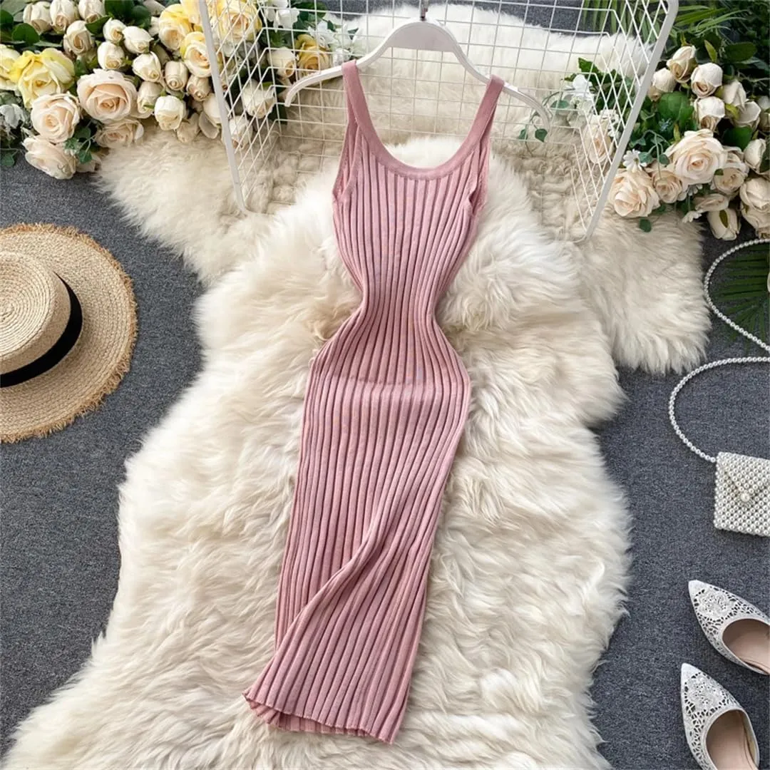 Sexy V Neck Sleeveless Tight Knitted Slip Dress Retro Party Tank Top Women's Slim Fit Wrap Pencil Tank Top