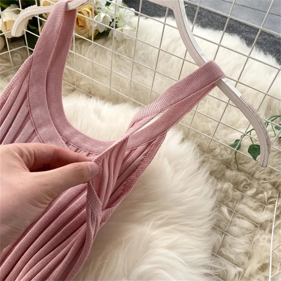 Sexy V Neck Sleeveless Tight Knitted Slip Dress Retro Party Tank Top Women's Slim Fit Wrap Pencil Tank Top