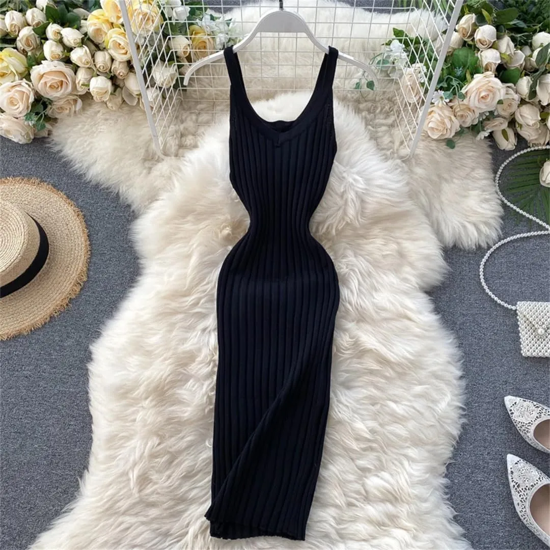 Sexy V Neck Sleeveless Tight Knitted Slip Dress Retro Party Tank Top Women's Slim Fit Wrap Pencil Tank Top
